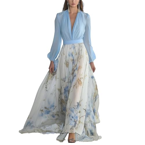 Damen Sommer Casual Langarm V-Ausschnitt Maxi Blumenkleid Langarm Blumendruck Strand Hochzeit Gast Lange Maxikleider, blau, 3XL von Generisch