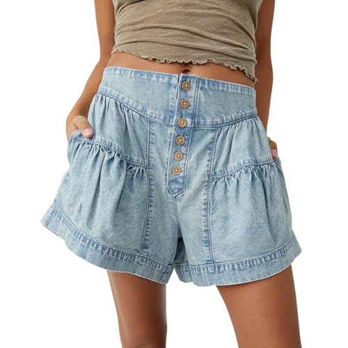 Damen Sommer Flowy Jean Shorts Plizierte Ruffle Knopf Hoch Taille Breites Bein Denim Skort mit Taschen Casual Y2k Teens Elastische Bequeme Strand Shorts (Blau,M) von Generisch