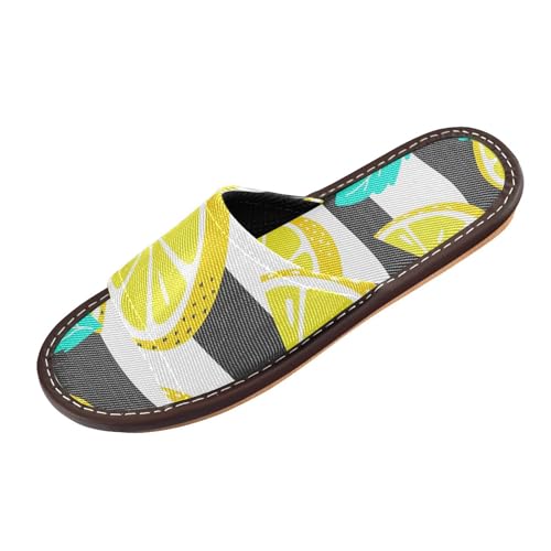 Damen Sommer Hausschuhe Obst Zitrone Druck Gelb Streifen Open Toe Schuhe Pantoffeln Reisehaus Pantoffeln von Generisch
