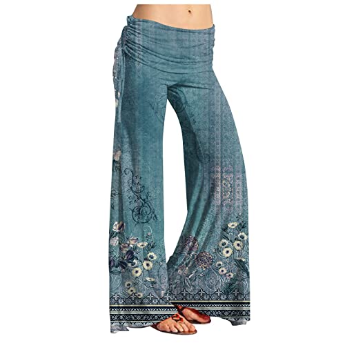 Damen Sommer Hose Locker,Cargo Hose Mädchen Damenmode Vintage Print Lässige Schlaghosen Mit Kordelzug Weite Hosenbeine Yogahosen Für Damen Haremshose Sommer Kunst Und Hosen Culotte Damen 7/8(Blau,M) von Generisch