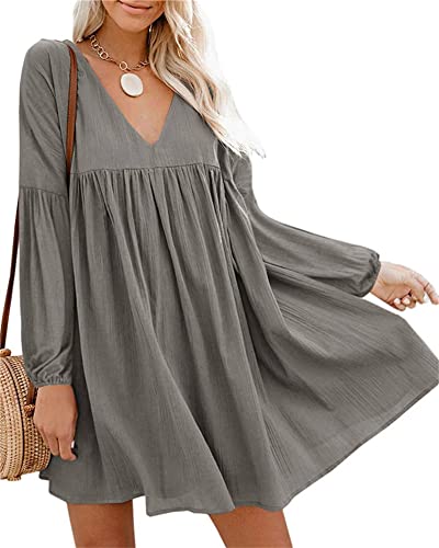 Damen Sommer Langarm Babydoll LäSsiges, Lockeres, FließEndes Minikleid Mit V-Ausschnitt Und Swing Tunika-Kleid SüßEs Bedrucktes RüSchenkleid (XL,Grau) von Generisch