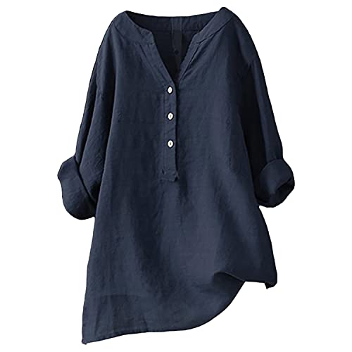 Damen Sommer Langarm Leinen Bluse,V-Ausschnitt Casual Loose Button Down Tops T-Shirt, Shirts FüR Damen, Teens, MäDchen (3XL,Navy Blau) von Generisch