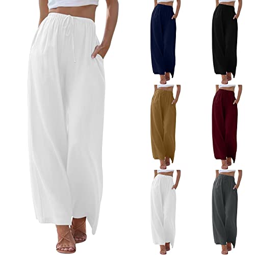 Damen Sommer Leinenhose Leicht Casual Leinen Hosen Locker Bequeme Freizeithose Elegante Palazzo Hose Weite Leg Relaxhose Hohe Taille Mit Tunnelzug Taschen Frauen Outdoor Sommerhose (White-b, S) von Generisch