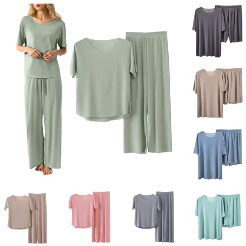 Damen Sommer Schlafanzug Lang und Shorts Eisseide Zweiteiliger Pyjama Set Loungewear - Kurzarm NachtwäSche Einfarbig Sleepwear Hausanzug Leichtes Bequemes Casual Pyjamas-Set Eisseide von Generisch