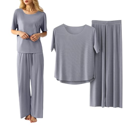 Damen Sommer Schlafanzug Lang und Shorts Eisseide Zweiteiliger Pyjama Set Loungewear - Kurzarm NachtwäSche Einfarbig Sleepwear Hausanzug Leichtes Bequemes Casual Pyjamas-Set Eisseide von Generisch