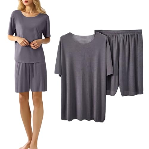 Damen Sommer Schlafanzug Lang und Shorts Eisseide Zweiteiliger Pyjama Set Loungewear - Kurzarm NachtwäSche Einfarbig Sleepwear Hausanzug Leichtes Bequemes Casual Pyjamas-Set Eisseide von Generisch
