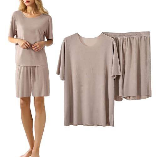 Damen Sommer Schlafanzug Lang und Shorts Eisseide Zweiteiliger Pyjama Set Loungewear - Kurzarm NachtwäSche Einfarbig Sleepwear Hausanzug Leichtes Bequemes Casual Pyjamas-Set Eisseide von Generisch