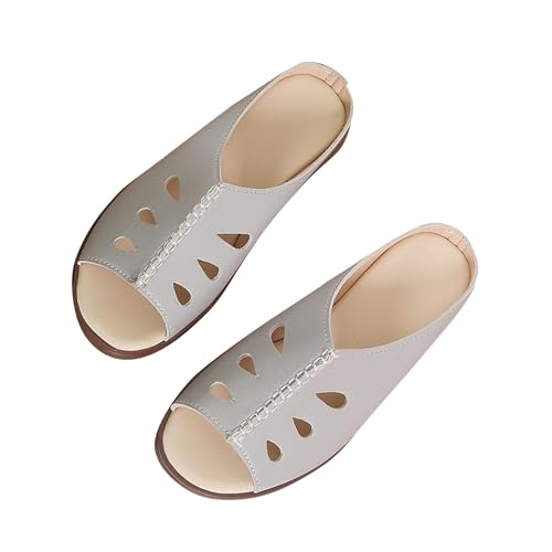 Damen-Sommer-Schuhe aus weichem Leder mit einem Fuß auf dem mittleren Absatz und dicker Sohle, abfallender Absatz, Strandpantoffeln und Sandalen, elegante Flip-Flops für Damen, grau, 37 EU von Generisch