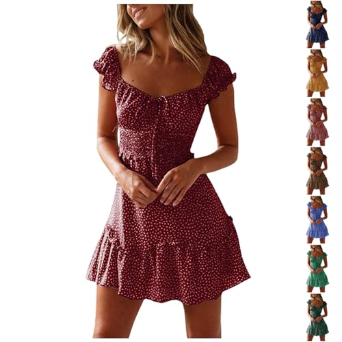Damen Sommer Sommerkleid Blumenkleid Kurz Boho Kleid Blumendruck Strandkleid High Waist Minikleid Mit Kordelzug Elegant Wickelkleid Freizeit Damenkleider Rüschen Swing von Generisch