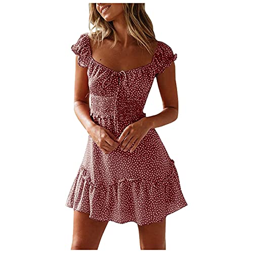 Damen Sommer Sommerkleid Blumenkleid Kurz Boho Kleid Blumendruck Strandkleid High Waist Minikleid Mit Kordelzug Elegant Wickelkleid Freizeit Damenkleider Rüschen Swing von Generisch
