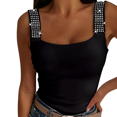 Damen Sommer Tops Teenager Mädchen Tank Top Sommer Ärmellose Tshirt Tanktop Mit Strasssteinen Ärmellose Pailletten Shirt Glitzer Spaghetti T Shirt Unterhemden Blusentop Y2K Sommerblusen von Generisch