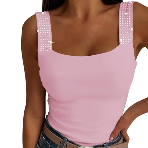 Damen Sommer Tops Teenager Mädchen Tank Top Sommer Ärmellose Tshirt Tanktop Mit Strasssteinen Ärmellose Pailletten Shirt Glitzer Spaghetti T Shirt Unterhemden Blusentop Y2K Sommerblusen von Generisch