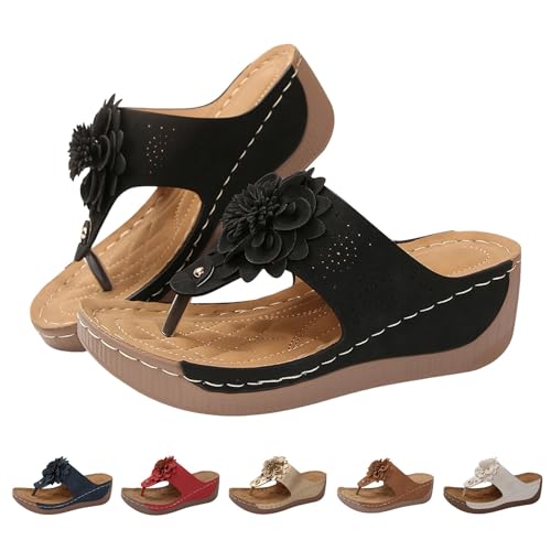 Damen Sommer Wedge Flip Flops Bequeme Arch Support Wedge Flip Flops Elegant Casual Boho Floral Beach Schuhe, Schwarz , 38.5 EU Damen Sommer Wedge Flip Flops Bequeme Arch Support Wedge Flip Flops Elegant Casual Boho Floral Beach Schuhe, Schwarz , 38.5 EU von Generisch
