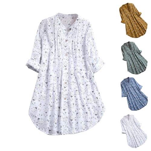 Damen Sommerbluse, Leinenbluse Damen Langarm Tunika Sommer Lang Leinen Shirt Oversized Oberteile Baumwoll Leinenshirt Musselin Bluse Blumen Longshirt Meine Letzte Rechnung Einsehen von Generisch