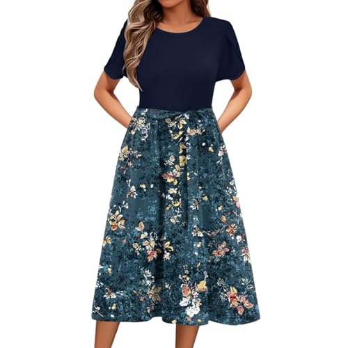 Damen Sommerkleid, Sommerkleider Damen Knielang Elegant Freizeitkleid Kurzarm Rundhals Midi Tunikakleid Blumen Leicht Blusenkleid A Linie Strandkleid Mit Taschen S XXL von Generisch