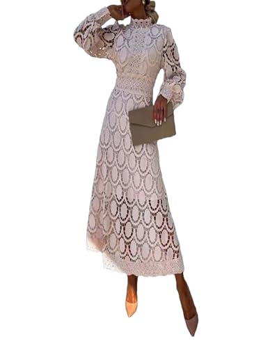Sommerkleid Damen Lang Elegant Spitze – Aushöhlte Maxikleid mit Puffärmeln und Stehkragen – Ideal für Hochzeit, Urlaub, Gartenparty Apricot XL Sommerkleid Damen Lang Elegant Spitze – Aushöhlte Maxikleid mit Puffärmeln und Stehkragen – Ideal für Hochzeit, Urlaub, Gartenparty Apricot XL von Generic