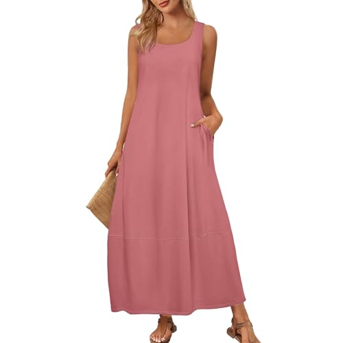 Damen Sommerkleid Ärmellos Tankkleid Vintage A-Linie Kleider U-Ausschnitt Einfarbig Strandkleid Leicht Elegant Maxi Kleider Freizeitkleid mit Taschen für Alltag Urlaub (A13 Pink,M) von Generisch