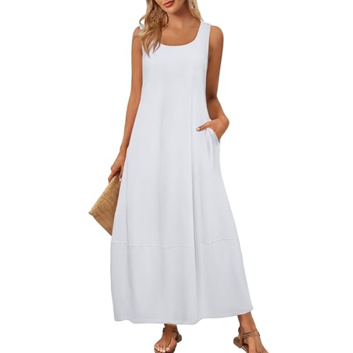 Damen Sommerkleid Ärmellos Tankkleid Vintage A-Linie Kleider U-Ausschnitt Einfarbig Strandkleid Leicht Elegant Maxi Kleider Freizeitkleid mit Taschen für Alltag Urlaub (A17 White,S) von Generisch