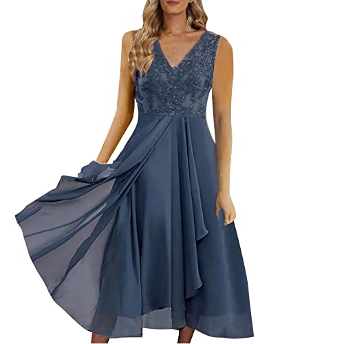 Damen Sommerkleid Abendkleider Lang Kleid Elegant Chiffon Spitze Swing Cocktailkleid Lässig Festliche Kleid Frauen Hochzeitsgast Brautjungfernkleider Partykleid (Blue-e, XL) von Generisch