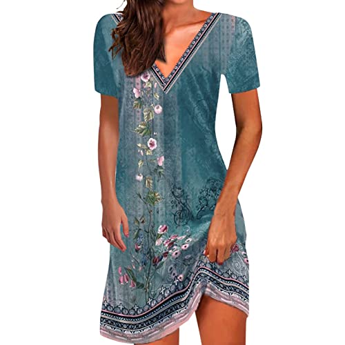 Damen Sommerkleid Knielang Kurzarm T-Shirt Kleider Lässiges Rundhals Boho Strandkleider Sommer Elegant Minikleid Bunte Blumen Drucke Blusenkleid Baumwolle Vintage Partykleid für Alltag von Generisch