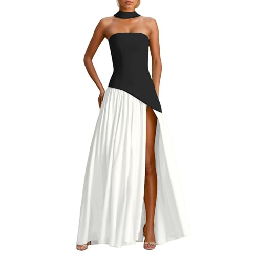 Damen Sommerkleid Korsett Sundresse Elegant Midikleid A Linie Milkmaid Dress Ärmellose Boho Festliches Kleid Cocktailkleid Brautjungfer Ballkleider mit Schlitz (White, M) von Generisch