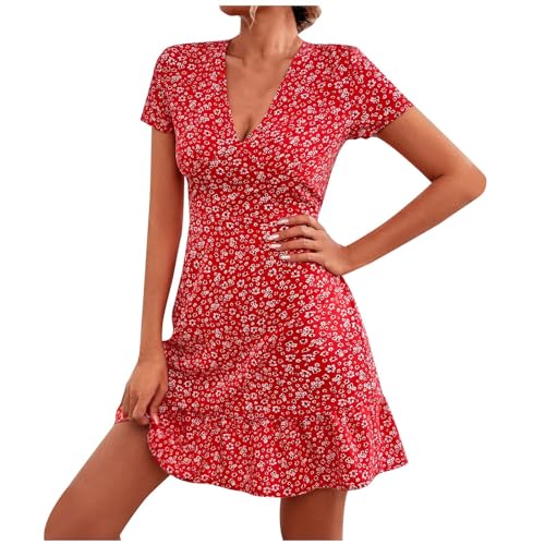 Damen Sommerkleid Kurz Blümchen Volant-Kleid Rüschen Sommerkleider Leicht Und Luftig Kleider V Ausschnitt Kleid Damen Sommer Elegant Kurzarm Damenkleider A Linie Strandkleid Luftige Blumen von Generisch