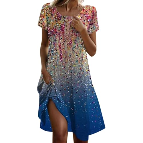 Damen Sommerkleid Lässig Sommer Boho Kleid Elegant Blumendruck Maxikleid Kurzarm A-Linie Strandkleid Festliche Kleider U-Ausschnitt Beach Tunika Geschenk von Generisch