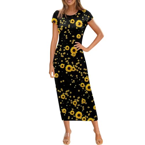 Damen Sommerkleid Lang Blumen Maxikleid Sommer Elegant Kurzarm Sommerkleider Damen Leicht und Luftig Kleider Frauen Maxi A Linie Strandkleid Luftige Blumenkleid Lange Blusenkleid Freizeit von Generisch