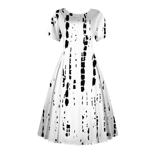 Damen Sommerkleid Lang Große Größen Elegant Kleider Damen Sommer Midi Schwingen A Linie Sommerkleider Leicht und Luftig Kleid Frauen Sommer Kurzarm üBergröße Midikleid Muster Rundhals von Generisch