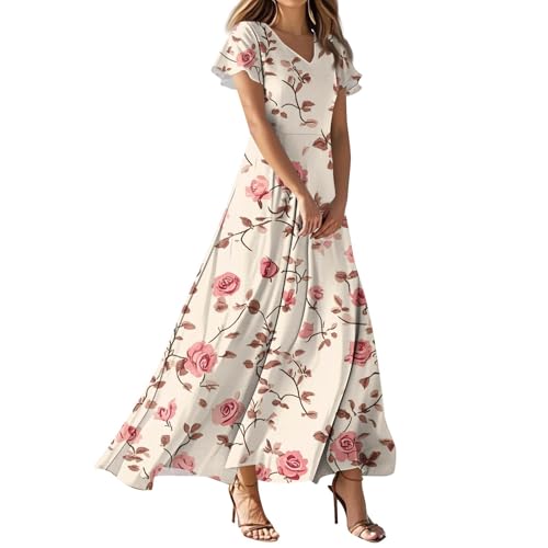 Damen Sommerkleid Lang Maxikleid Casual Strand Boho Sommer Kleider Kurzarm Rundhals Strandkleid Blumenkleid Casual A-Linie Blumenkleid Pink-B L von Generisch