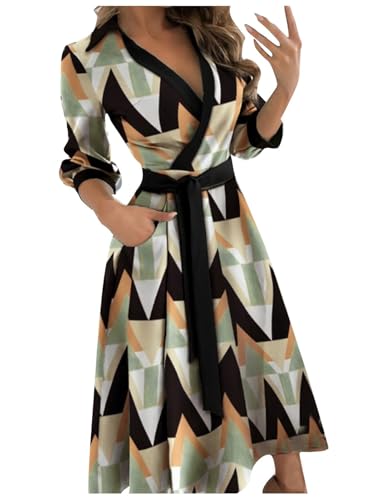 Damen Sommerkleid Lang mit Ärmeln Kleid Damen Sommer Elegant V-Ausschnitt Wickelkleid mit Gürtel Sommerkleider Leicht mit Taschen Maxikleid A Linie Kleider 3/4 Ärmel Kleid Frauen mit Kragen von Generisch