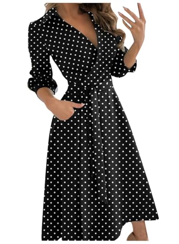 Damen Sommerkleid Lang mit Ärmeln Kleid Damen Sommer Elegant V-Ausschnitt Wickelkleid mit Gürtel Sommerkleider Leicht mit Taschen Maxikleid A Linie Kleider 3/4 Ärmel Kleid Frauen mit Kragen von Generisch