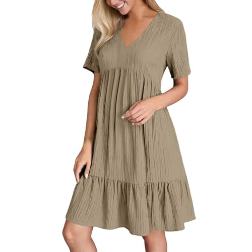 Damen Sommerkleid Midi, Sommerkleid Damen Knielang A Linie Kleid Bauch Kaschieren V Ausschnitt Leicht Kurzarm Rüschenkleid Strandkleid Tunikakleid Curvy Lockeres Tailliert Blusenkleid, Khaki, L von Generisch