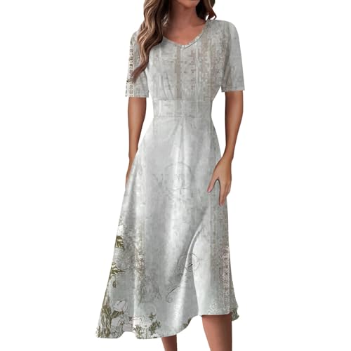 Damen Sommerkleid Midi Elegant Boho Kleid Lang Kurzarm Sommerkleider V Ausschnitt Midikleid A Linie Leicht Boho-Kleid mit Ärmeln Kleid Vintage Damenkleider Bohemian Kleider Luftig Blumen von Generisch