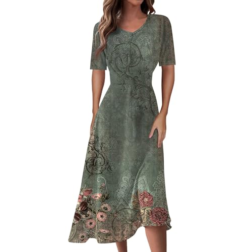 Damen Sommerkleid Midi Elegant Boho Kleid Lang Kurzarm Sommerkleider V Ausschnitt Midikleid A Linie Leicht Boho-Kleid mit Ärmeln Kleid Vintage Damenkleider Bohemian Kleider Luftig Blumen von Generisch