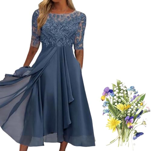 Damen Sommerkleid Mit Blumenmuster Abendkleider Lang Kleid,Hängerchen Kleids Damen Taille A-Linie Saum, Elegant Chiffon Spitze Swing Cocktailkleid Lässig Brautjungfernkleider (Blau,L) von Generisch