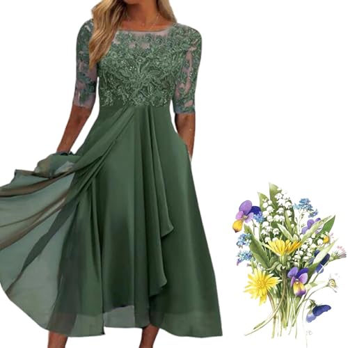 Damen Sommerkleid Mit Blumenmuster Abendkleider Lang Kleid,Hängerchen Kleids Damen Taille A-Linie Saum, Elegant Chiffon Spitze Swing Cocktailkleid Lässig Brautjungfernkleider (Grün,L) von Generisch