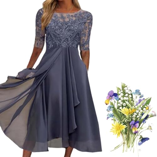 Damen Sommerkleid Mit Blumenmuster Abendkleider Lang Kleid,Hängerchen Kleids Damen Taille A-Linie Saum, Elegant Chiffon Spitze Swing Cocktailkleid Lässig Brautjungfernkleider (Lila,XL) von Generisch