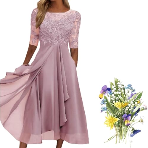 Damen Sommerkleid Mit Blumenmuster Abendkleider Lang Kleid,Hängerchen Kleids Damen Taille A-Linie Saum, Elegant Chiffon Spitze Swing Cocktailkleid Lässig Brautjungfernkleider (Rosa,L) von Generisch