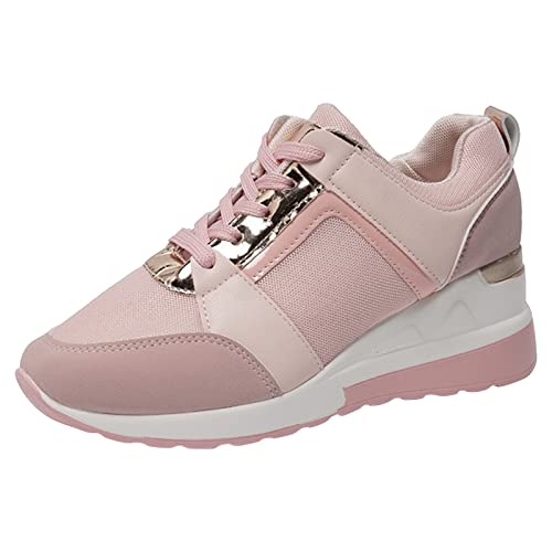 Damen-Sommermode, Leder-Schnürschuh, runder Kopf, atmungsaktiv, dicke Sohle, lässige Sportschuhe, flache Sneaker-Stiefel für Frauen (Rosa, Größe 7) von Generisch