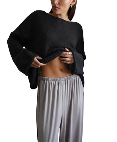 Damen-Sommerpullover, locker, ausgehöhlter Pullover, Hemd, durchsichtiges Netz-Strickpullover, Schwarz , L von Generisch