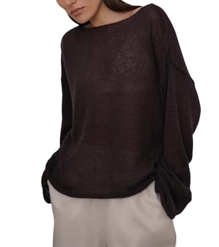 Damen-Sommerpullover, locker, ausgehöhlter Pullover, Hemd, durchsichtiges Netz-Strickpullover, braun, L von Generisch