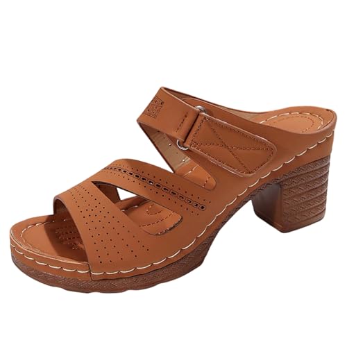 Damen Sommerschuhe Sandalen Slipper Casual Offene Zehenpartie Quadratischer Absatz Bequeme Strandschuhe Damenschuhe Pumps Gelb (Brown, 40) von Generisch
