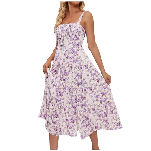 Damen Spaghettiträger Blumenkleid Ärmellos Schlitz Saum Bodycon Langes Kleid A-Linie Split Flowy Boho Midi Kleid Cami Swing Kleid - Damen Sommer Stretch Square Neck Camisole Strappy, Lila10, XL von Generisch