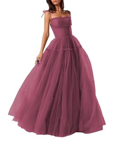 Damen Spaghettiträger Tüllkleider Lange A Linie Formelle Abendkleider Rückenfreie Brautjungfernkleider Desert Rose XL von Generisch