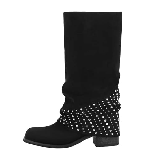 Damen Spitz Zehen Flock Kniehohe Stiefel mit hohem Blockabsatz und modischer Faltkante für einen schicken Look, Cd250504a, 45 EU Damen Spitz Zehen Flock Kniehohe Stiefel mit hohem Blockabsatz und modischer Faltkante für einen schicken Look, Cd250504a, 45 EU von Generisch