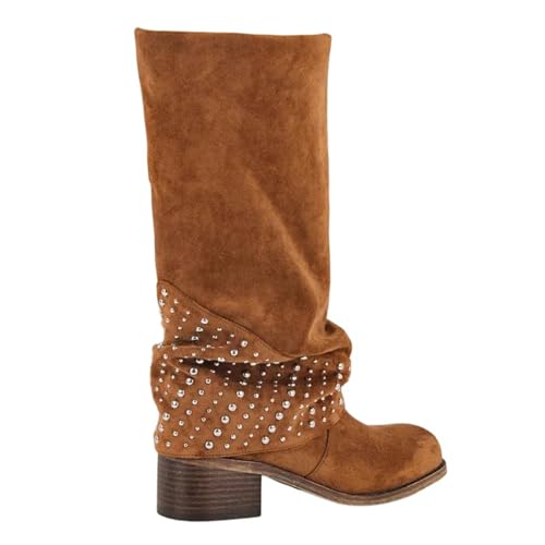 Damen Spitz Zehen Flock Kniehohe Stiefel mit hohem Blockabsatz und modischer Faltkante für einen schicken Look, Cd250504b, 39 EU von Generisch