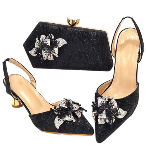 Damen Spitz Zehen Heels Taschen Set mit Strass Bow-Stiletto Design, Schwarz , 39.5 EU von Generisch