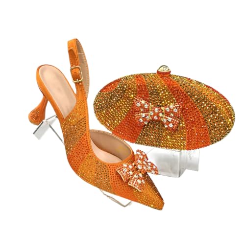 Damen Spitz Zehen Heels Taschen Set mit Strass für Elegante Abendparty, Orange, 41 EU von Generisch