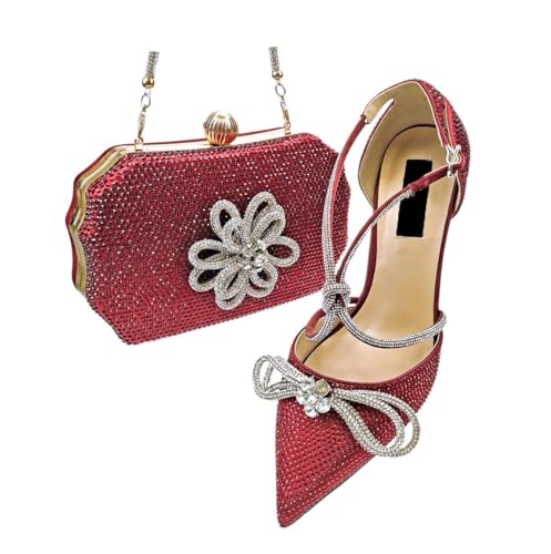 Damen Spitz Zehen Heels Taschen Set mit Strass für Party, rot, 40.5 EU von Generisch